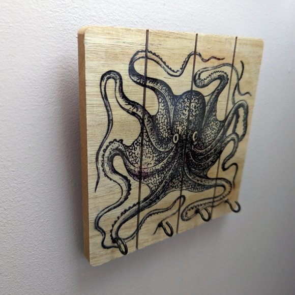 Vintage Octopus Illustration Printed Wooden Square Necklace Key Holder Gothic - Picture 7 of 10